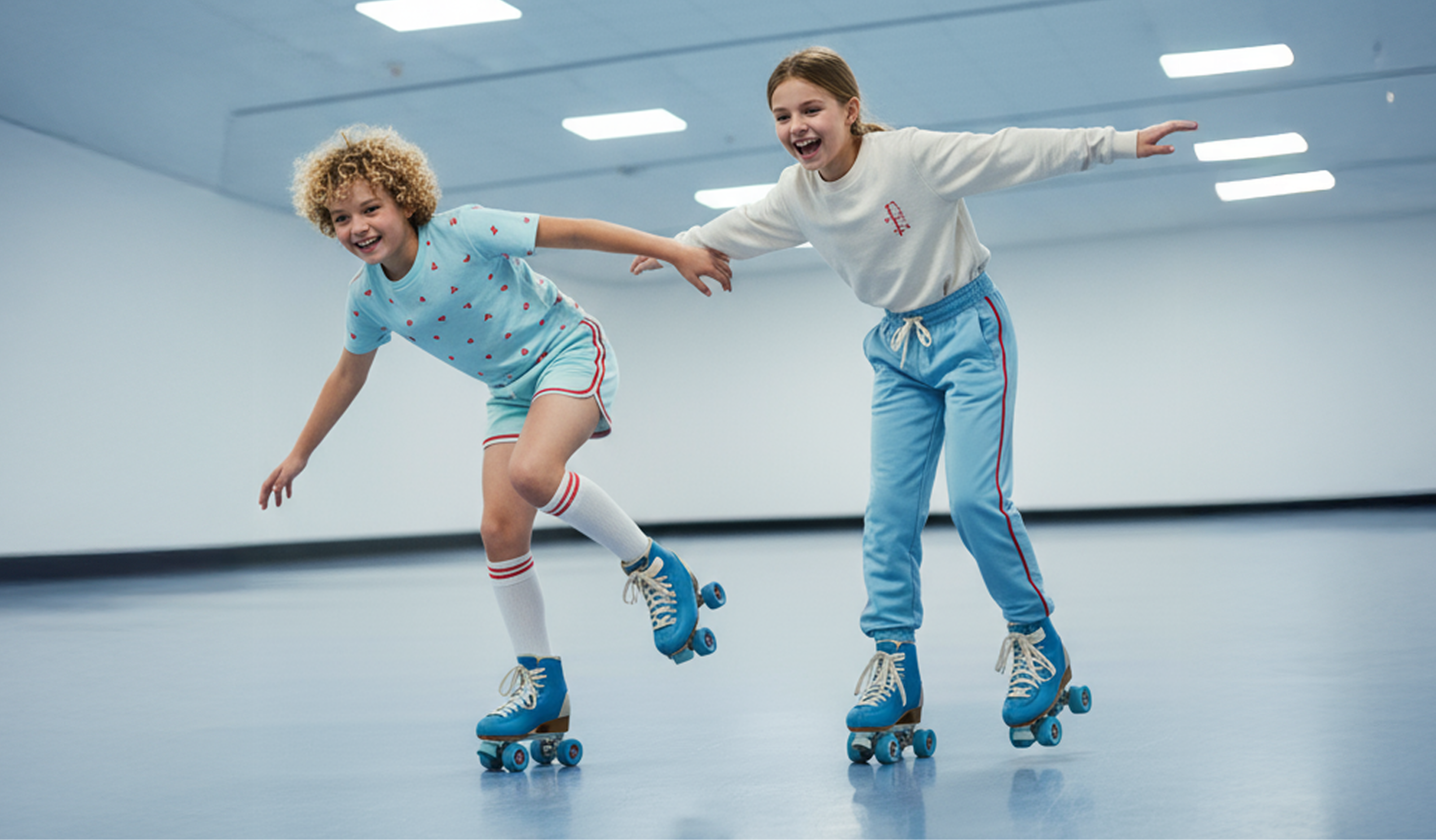 2 young kids enjoying a roller skating rink